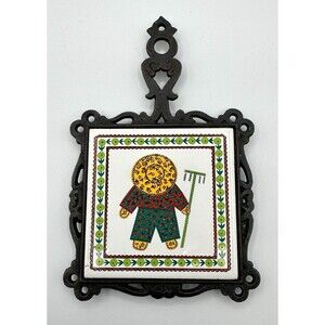 Vintage 1970s Cast Iron Trivet w Ceramic Tile Floral Calico Farmer Boy With Rake